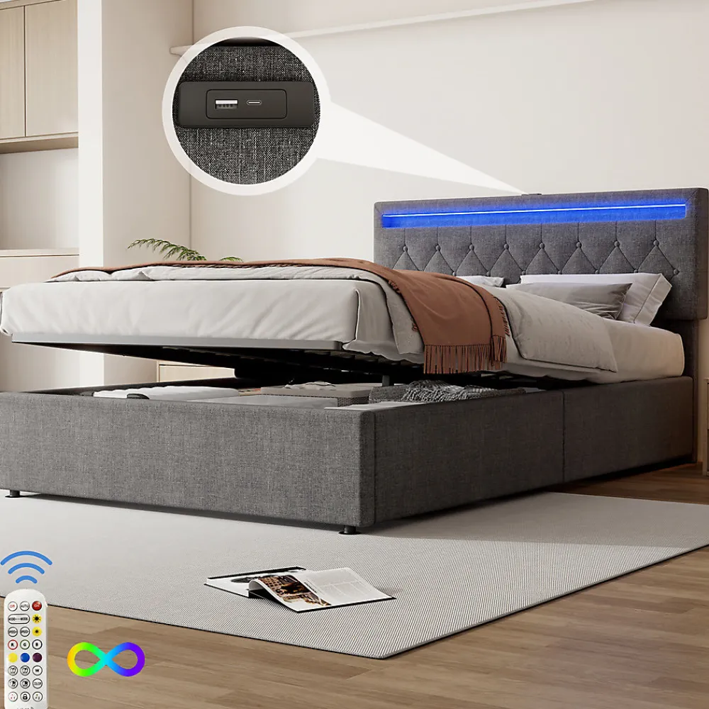 Lit adulte lit 140x200 cm lit rembourré lit de rangement avec lumière ambiante lit double lin gris>Gutent Hot