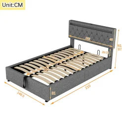 Lit adulte lit 140x200 cm lit rembourré lit de rangement avec lumière ambiante lit double lin gris><noscript><img width=