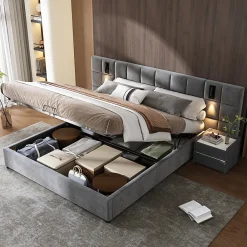 Lit adulte lit 160x200 cm lit rembourré hydraulique lit de rangement lit double velours gris>Gutent Hot