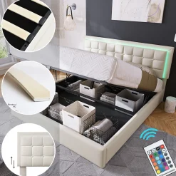 Lit adulte lit 180x200 cm lit rembourré lit de rangement lit sommier à lattes lit barre d'éclairage led lit double cuir pu blanc>Gutent Outlet