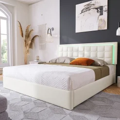 Lit adulte lit 180x200 cm lit rembourré lit de rangement lit sommier à lattes lit barre d'éclairage led lit double cuir pu blanc>Gutent Outlet