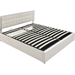 Lit adulte lit 180x200 cm lit rembourré lit de rangement lit sommier à lattes lit barre d'éclairage led lit double cuir pu blanc><noscript><img width=