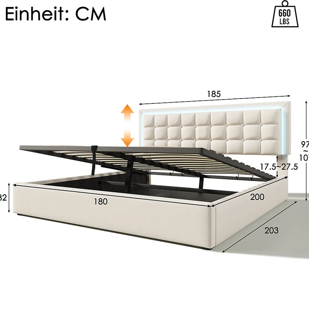 Lit adulte lit 180x200 cm lit rembourré lit de rangement lit sommier à lattes lit barre d'éclairage led lit double cuir pu blanc>Gutent Outlet