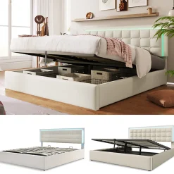 Lit adulte lit 180x200 cm lit rembourré lit de rangement lit sommier à lattes lit barre d'éclairage led lit double cuir pu blanc><noscript><img width=