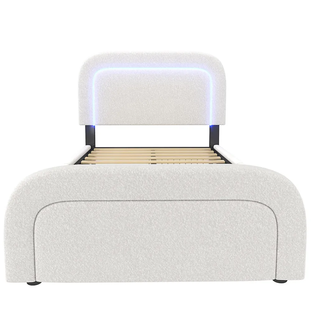 Lit adulte lit 90x200 cm lit rembourré lit éclairage led lit 2 tiroirs lit sommier à lattes en bois Single sherpa blanc>Gutent Clearance