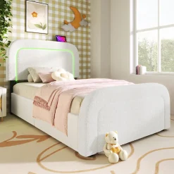 Lit adulte lit 90x200 cm lit rembourré lit éclairage led lit 2 tiroirs lit sommier à lattes en bois Single sherpa blanc><noscript><img width=