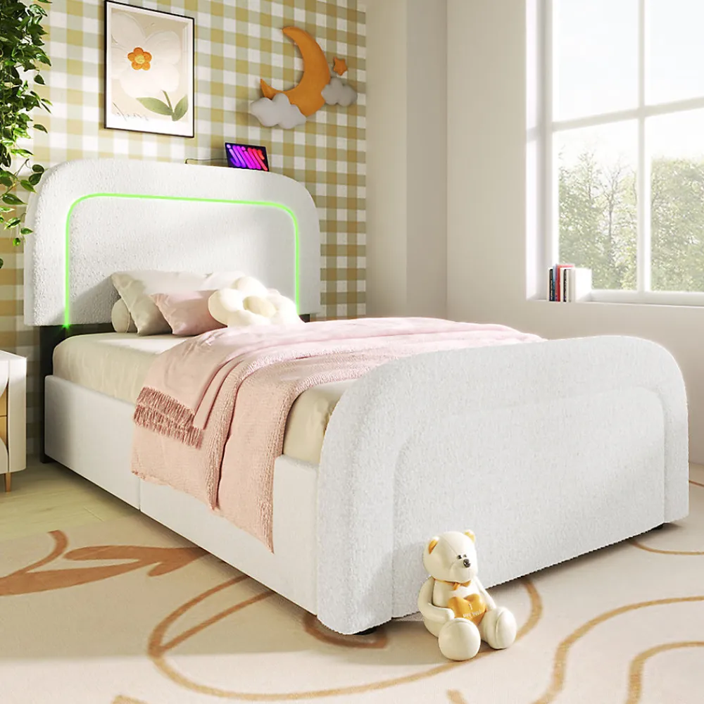 Lit adulte lit 90x200 cm lit rembourré lit éclairage led lit 2 tiroirs lit sommier à lattes en bois Single sherpa blanc>Gutent Clearance
