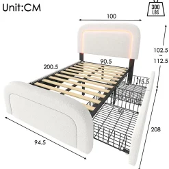 Lit adulte lit 90x200 cm lit rembourré lit éclairage led lit 2 tiroirs lit sommier à lattes en bois Single sherpa blanc><noscript><img width=