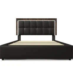 Gutent Lit adulte lit 140x200 cm lit rembourré avec bandeau lumineux led et 4 tiroirs lit double pu noir* Lit Avec Rangement