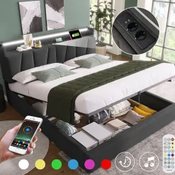 Lit adulte lit 140x200 cm lit rembourré avec éclairage led lit de rangement lit double lin gris>Gutent New