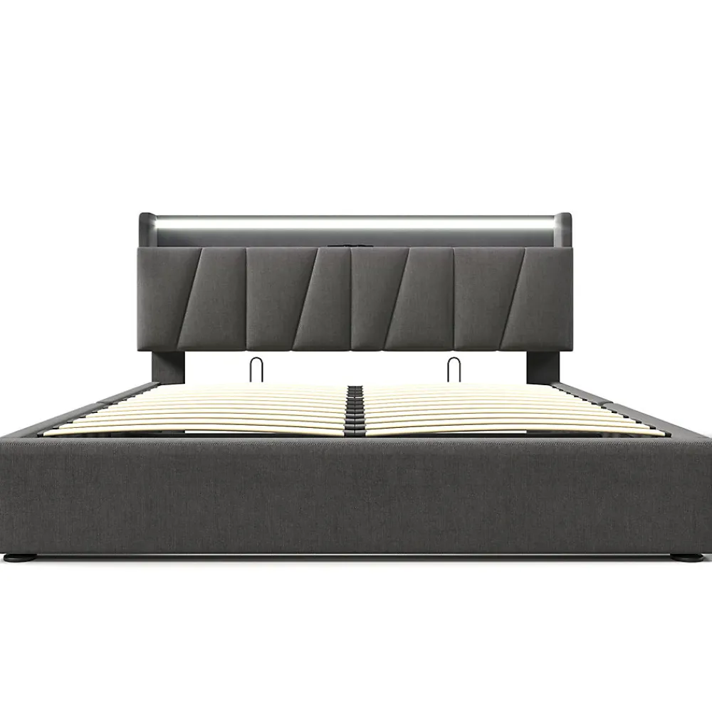 Lit adulte lit 140x200 cm lit rembourré avec éclairage led lit de rangement lit double lin gris>Gutent New