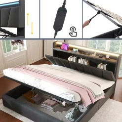 Lit adulte lit 140x200 cm lit rembourré avec éclairage led lit de rangement lit double lin gris><noscript><img width=