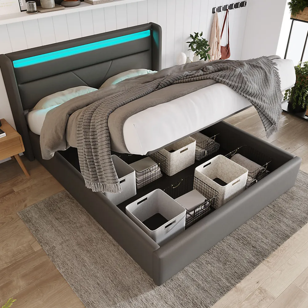 Lit adulte lit 140x200 cm lit rembourré hydraulique lit de rangement lit barre d'éclairage led lit double pu gris>Gutent Outlet