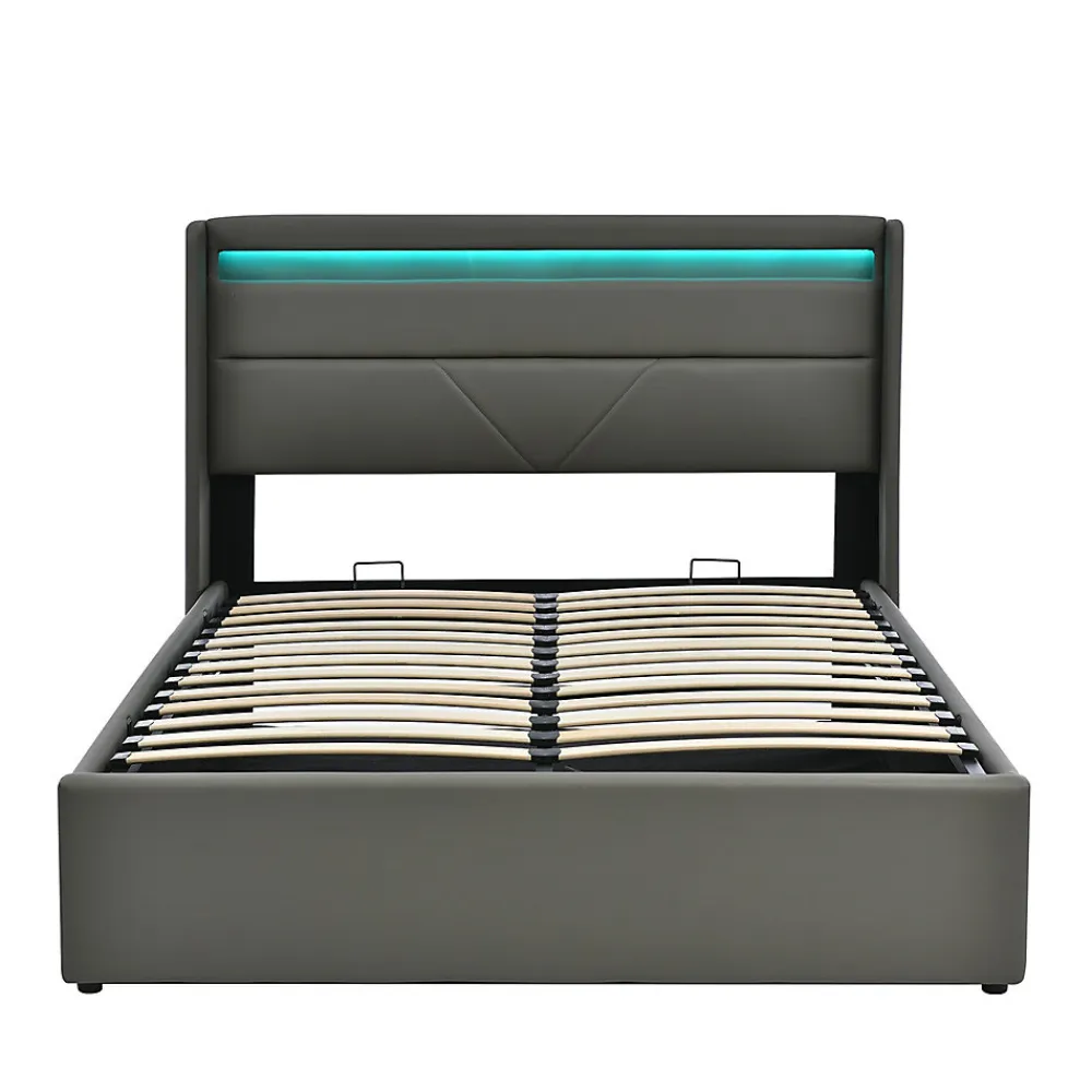 Lit adulte lit 140x200 cm lit rembourré hydraulique lit de rangement lit barre d'éclairage led lit double pu gris>Gutent Outlet