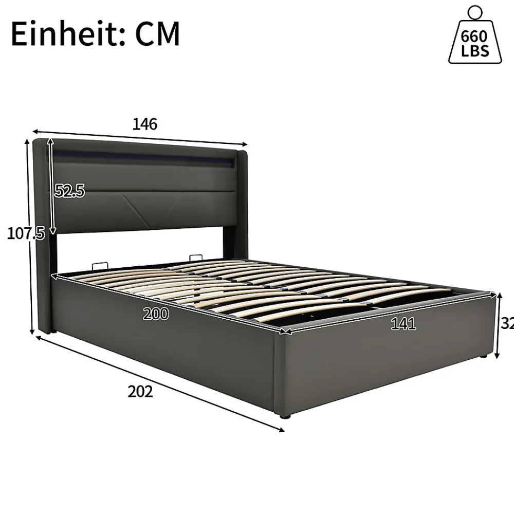 Lit adulte lit 140x200 cm lit rembourré hydraulique lit de rangement lit barre d'éclairage led lit double pu gris>Gutent Outlet
