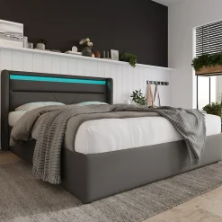 Lit adulte lit 140x200 cm lit rembourré hydraulique lit de rangement lit barre d'éclairage led lit double pu gris><noscript><img width=