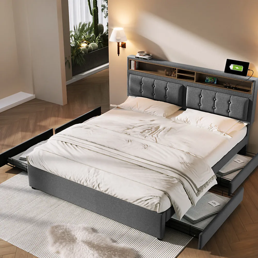 Lit adulte lit 160x200 cm lit rembourré avec quatre tiroirs avec sommier à lattes en bois lit double lin gris>Gutent Clearance