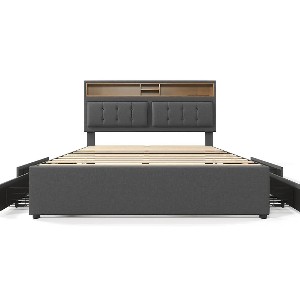 Lit adulte lit 160x200 cm lit rembourré avec quatre tiroirs avec sommier à lattes en bois lit double lin gris>Gutent Clearance