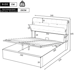 Gutent Lit adulte lit 140x200 cm lit rembourré hydraulique lit double avec sommier à lattes pu blanc crème* Lit Avec Rangement
