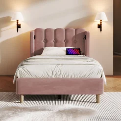 Lit adulte lit 90x200 cm lit rembourré avec fonction de charge usb type c Single velours rose>Gutent Online