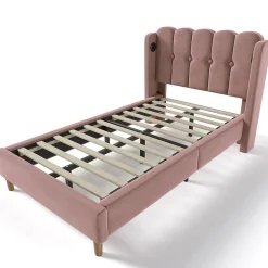 Lit adulte lit 90x200 cm lit rembourré avec fonction de charge usb type c Single velours rose><noscript><img width=