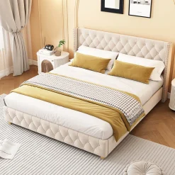 Lit adulte lit 160x200 cm lit rembourré lit rembourrage à rivets lit pieds en bois velours beige clair><noscript><img width=