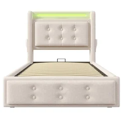 Lit adulte lit 90x200 cm lit rembourré hydraulique avec sommier en bois Single coton lin beige>Gutent