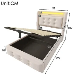 Lit adulte lit 90x200 cm lit rembourré hydraulique avec sommier en bois Single coton lin beige><noscript><img width=