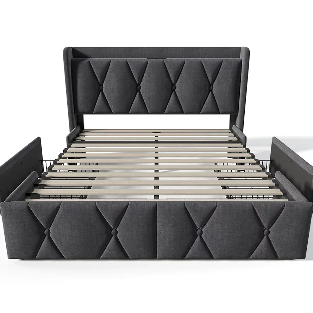 Gutent Lit adulte lit 160x200 cm lit rembourré lit de rangement avec 4 tiroirs lit double lin gris* Lit Double