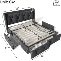 Gutent Lit adulte lit 160x200 cm lit rembourré lit de rangement avec 4 tiroirs lit double lin gris* Lit Double