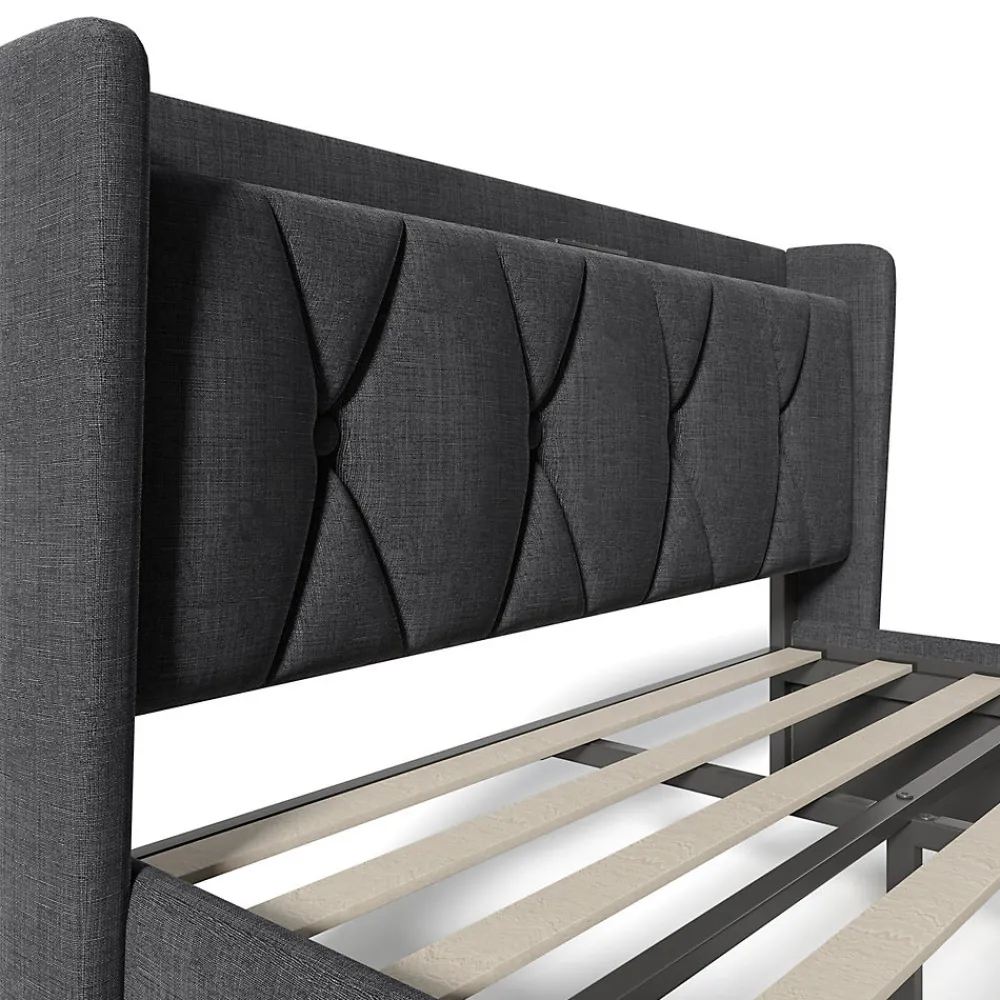 Gutent Lit adulte lit 160x200 cm lit rembourré lit de rangement avec 4 tiroirs lit double lin gris* Lit Double