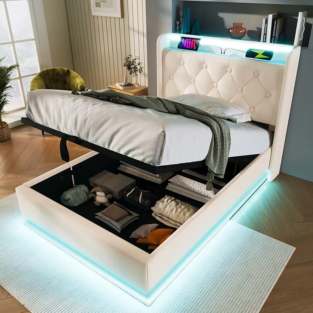 Gutent Lit adulte lit 90x200 cm lit rembourré hydraulique lit appui-tête rembourré avec fonction de recharge usb type-c Single pu blanc* Lit Simple