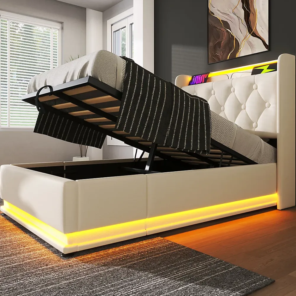 Gutent Lit adulte lit 90x200 cm lit rembourré hydraulique lit appui-tête rembourré avec fonction de recharge usb type-c Single pu blanc* Lit Simple