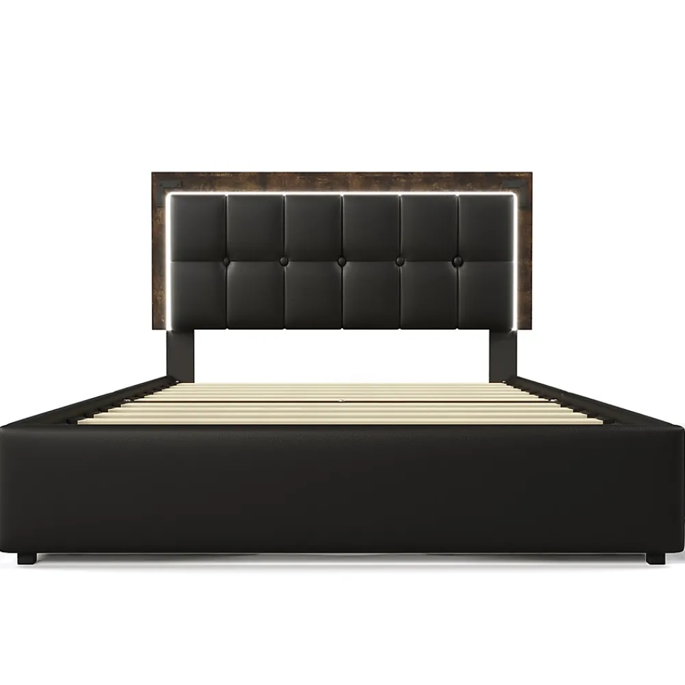 Gutent Lit adulte lit 160x200 cm lit rembourré avec bandeau lumineux led et 4 tiroirs lit double pu noir* Lit Avec Rangement