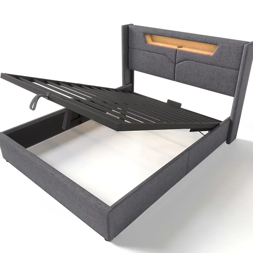 Gutent Lit adulte lit 160x200 cm lit rembourré lit de rangement lit sommier à lattes en bois lit double lin gris* Lit Avec Rangement