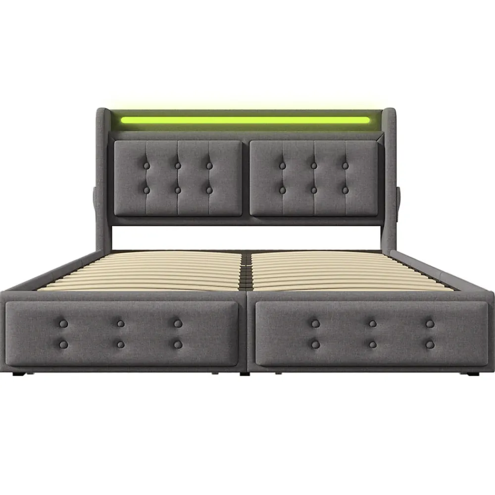 Lit adulte lit 140x200 cm lit rembourré lit 4 tiroirs lit de rangement avec sommier à lattes en bois lit double coton lin gris>Gutent Clearance