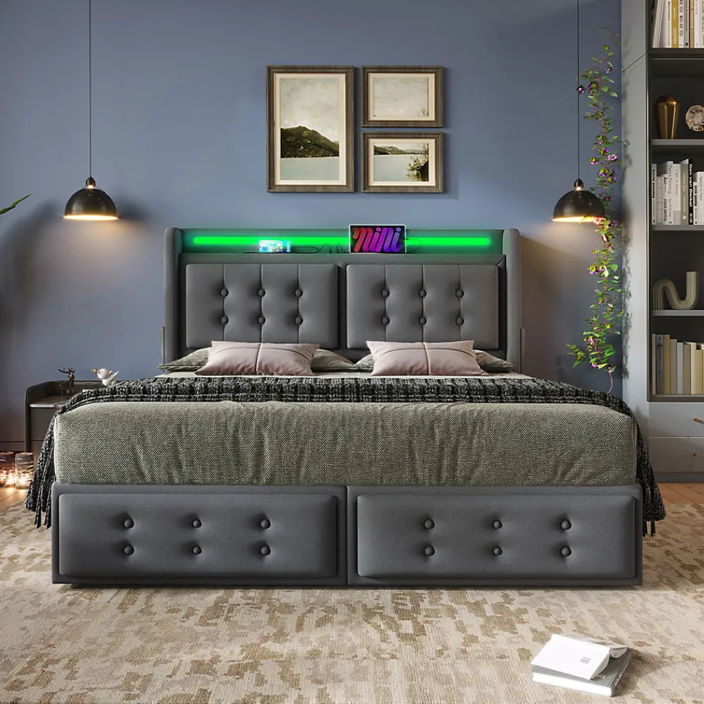 Lit adulte lit 140x200 cm lit rembourré lit 4 tiroirs lit de rangement avec sommier à lattes en bois lit double coton lin gris>Gutent Clearance