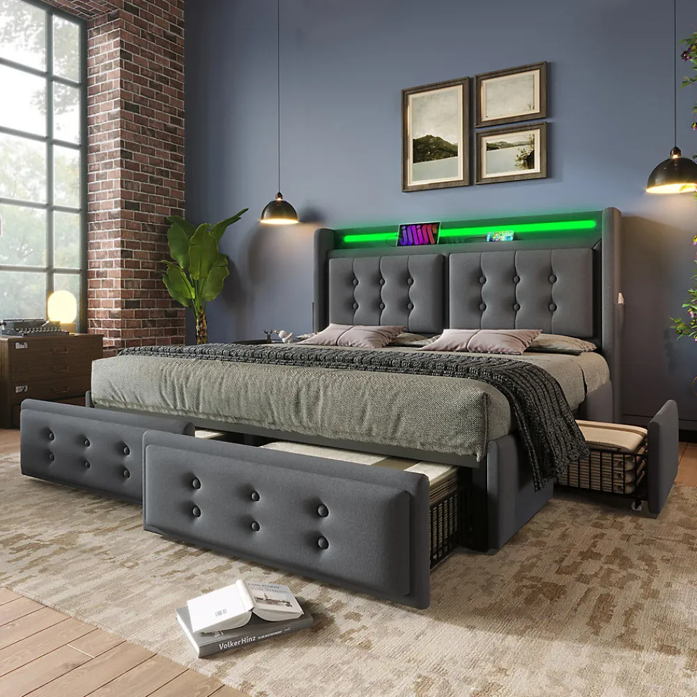 Lit adulte lit 140x200 cm lit rembourré lit 4 tiroirs lit de rangement avec sommier à lattes en bois lit double coton lin gris>Gutent Clearance