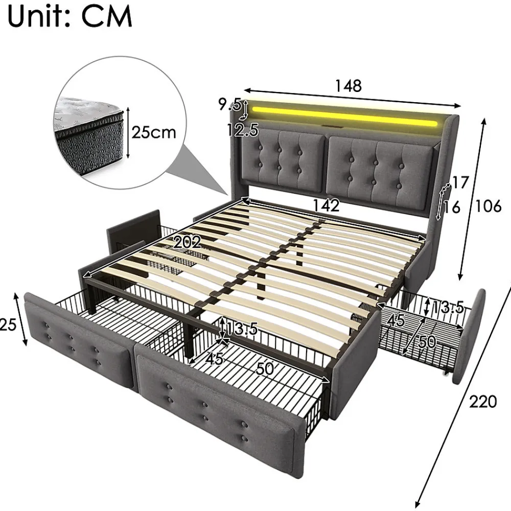 Lit adulte lit 140x200 cm lit rembourré lit 4 tiroirs lit de rangement avec sommier à lattes en bois lit double coton lin gris>Gutent Clearance