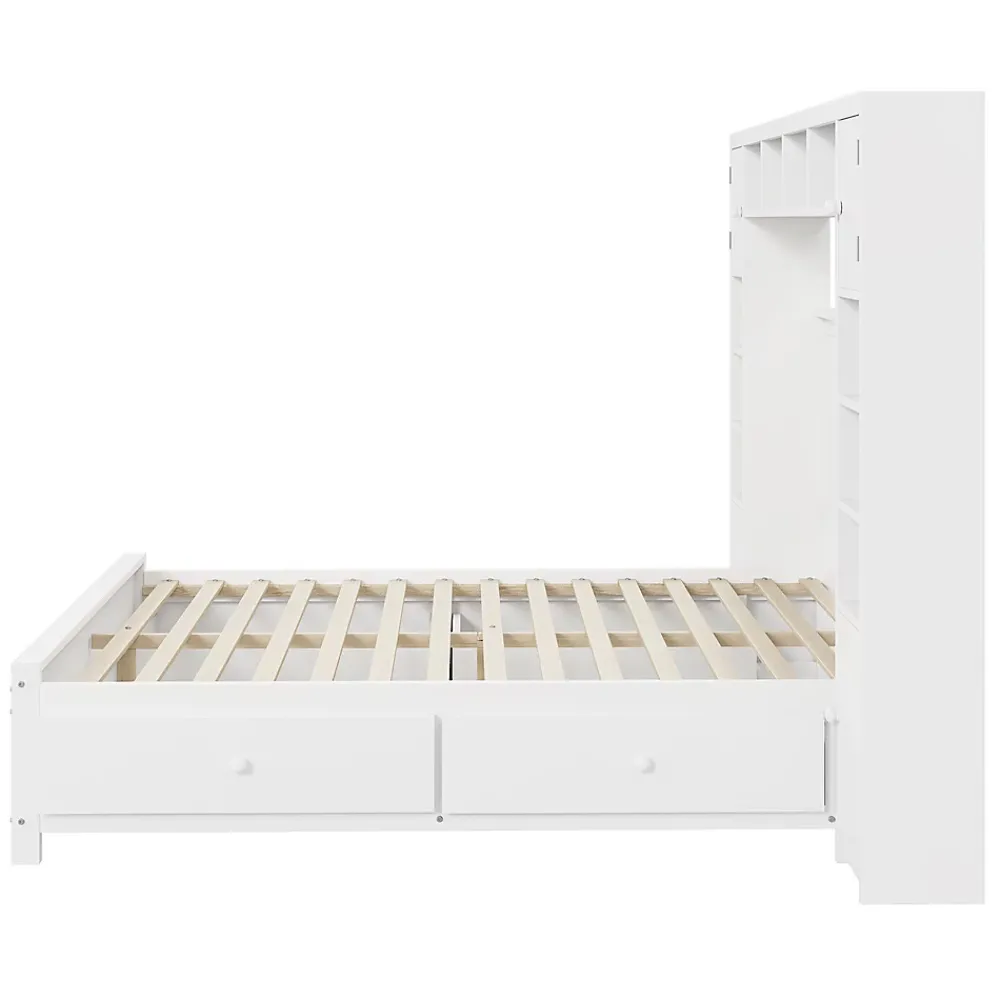 Gutent Lit adulte lit 140x200 cm lit sommier à lattes avec 4 tiroirs et armoire de rangement lit double bois massif blanc* Lit Avec Rangement