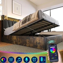 Lit adulte lit 160x200 cm lit sommier à lattes en bois lit éclairage led lit en métal lit double lin gris><noscript><img width=