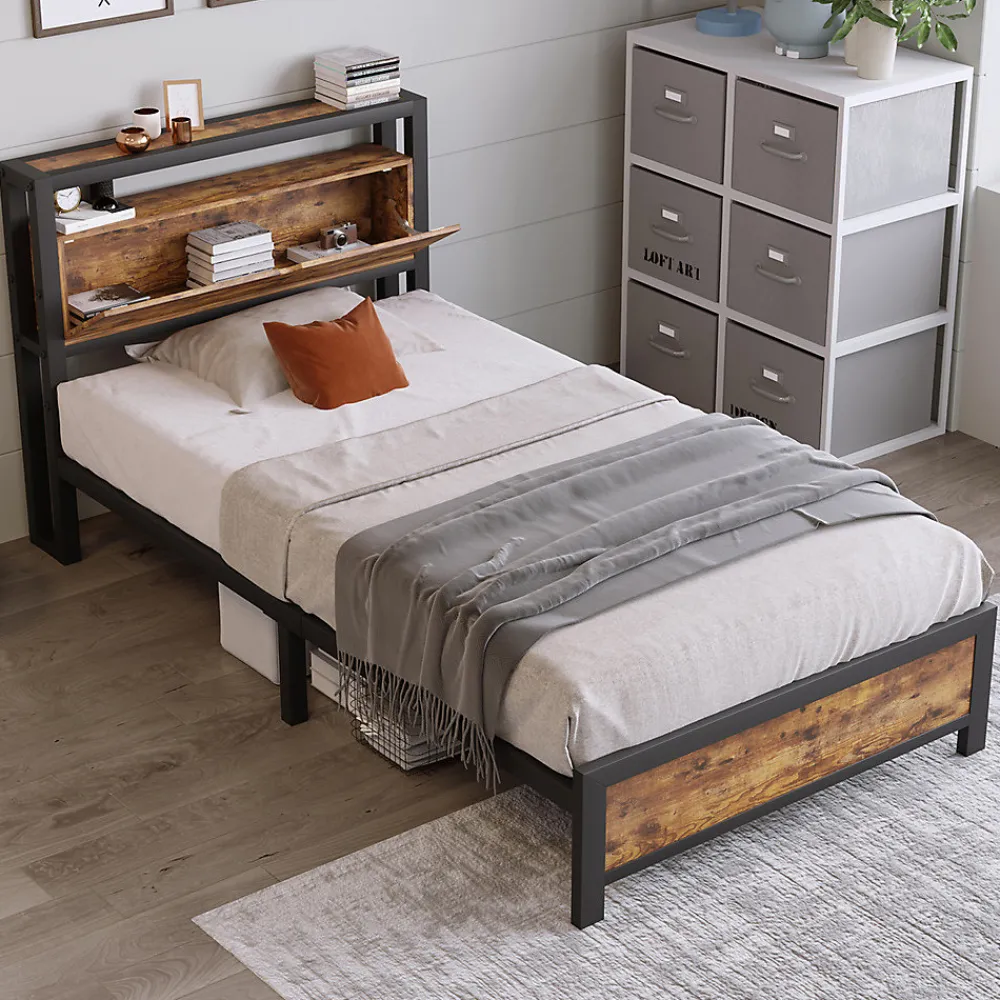 Lit adulte lit 90x200 cm lit tête de lit de rangement lit sommier à lattes lit en métal Single métal+mdf Neutral>Gutent Hot
