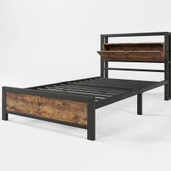 Lit adulte lit 90x200 cm lit tête de lit de rangement lit sommier à lattes lit en métal Single métal+mdf Neutral><noscript><img width=