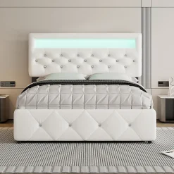 Lit adulte lit 140x200cm(90x190cm) lit rembourré avec rallonge de lit et 2 tiroirs lit double lin blanc>Gutent