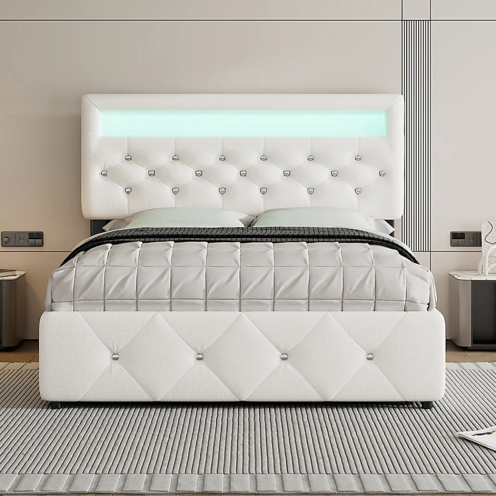 Lit adulte lit 140x200cm(90x190cm) lit rembourré avec rallonge de lit et 2 tiroirs lit double lin blanc>Gutent