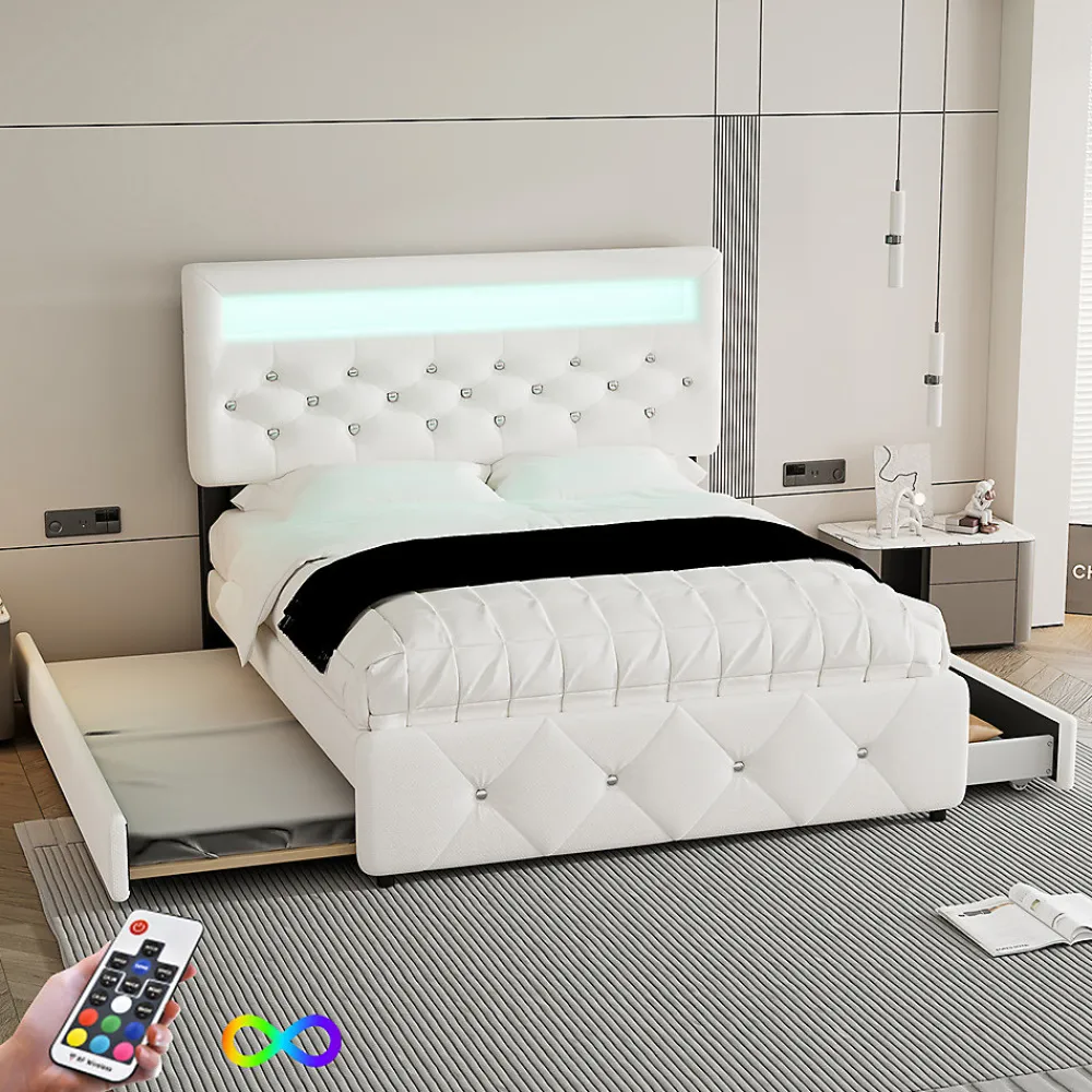 Lit adulte lit 140x200cm(90x190cm) lit rembourré avec rallonge de lit et 2 tiroirs lit double lin blanc>Gutent