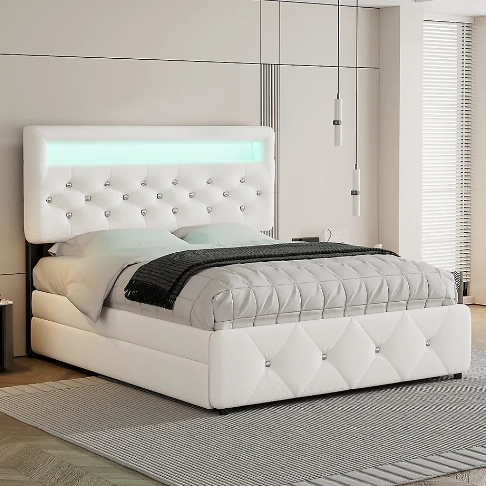 Lit adulte lit 140x200cm(90x190cm) lit rembourré avec rallonge de lit et 2 tiroirs lit double lin blanc>Gutent