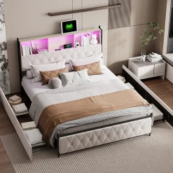 Lit adulte rembourré avec LED et USB, 4 tiroirs, sommier à lattes, velours, 180x200cm, Beige>Simple Life Hot
