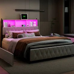 Lit adulte rembourré avec LED et USB, 4 tiroirs, sommier à lattes, velours, 180x200cm, Beige><noscript><img width=