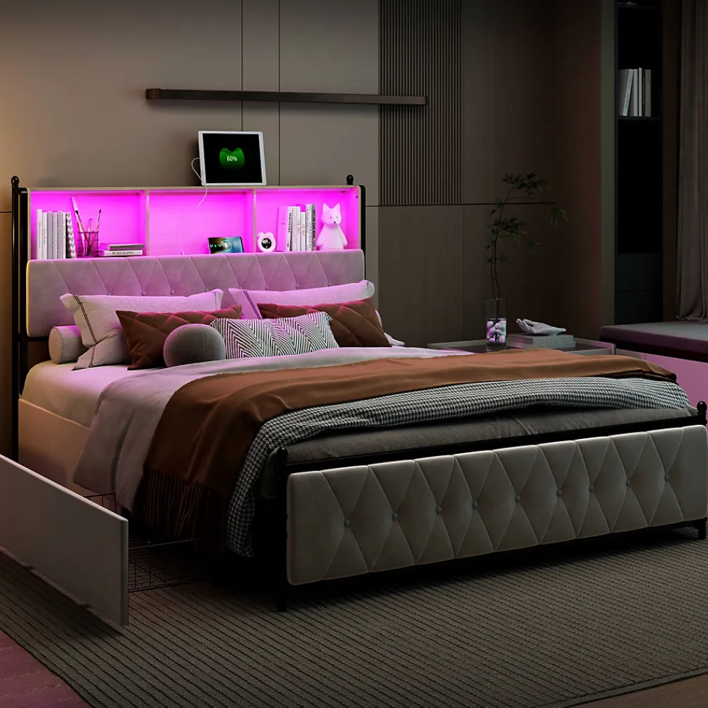 Lit adulte rembourré avec LED et USB, 4 tiroirs, sommier à lattes, velours, 180x200cm, Beige>Simple Life Hot